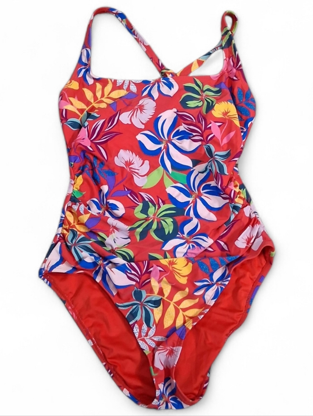 Caribbean Joe Red Floral Tropical Cross Back Wonen's One-Piece Swimsuit Size 8